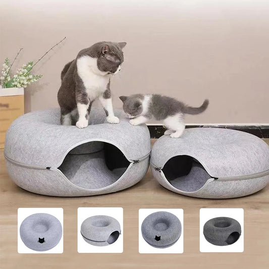 Interactive Donut Cat Bed & Tunnel – Felt Cat House Toy