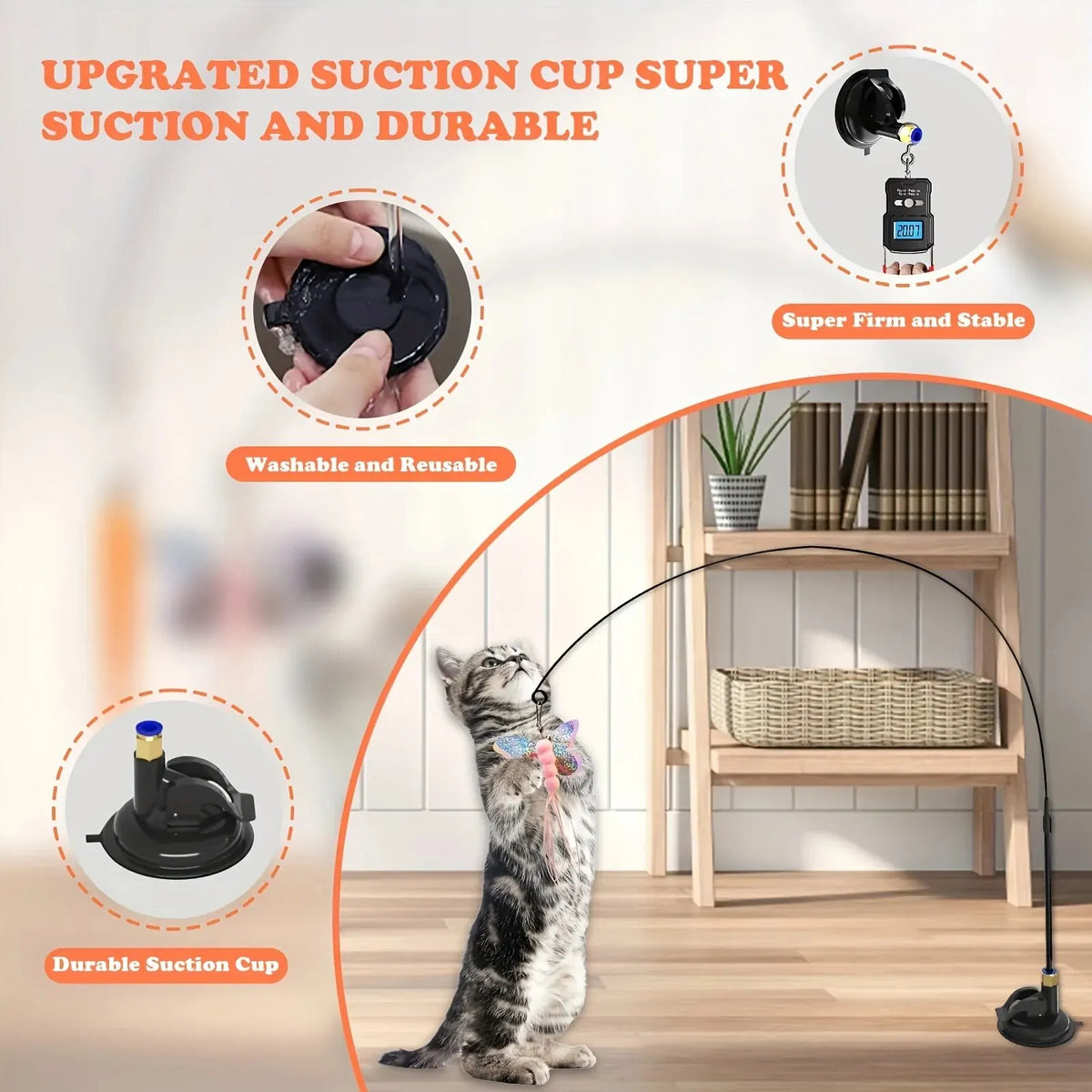 Interactive Cat Teaser Wand Toy | Suction Cup Feather Wand with Bell