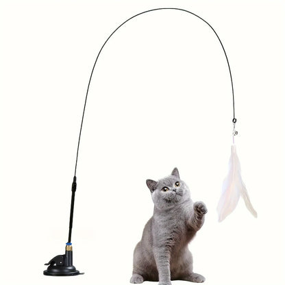 Interactive Cat Teaser Wand Toy | Suction Cup Feather Wand with Bell