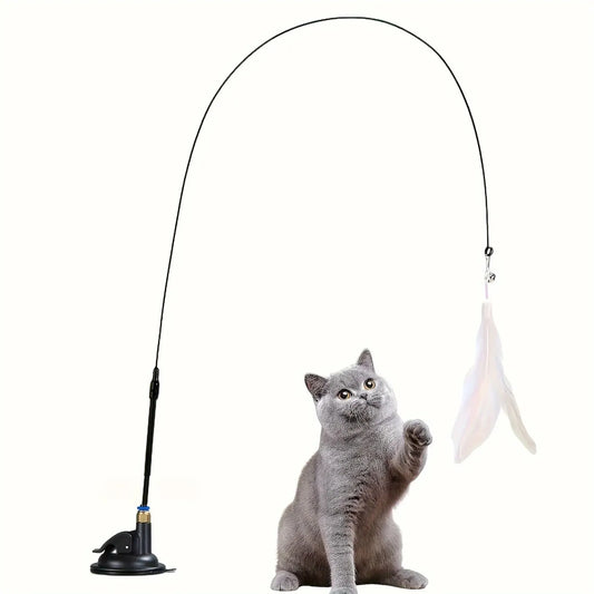 Interactive Cat Teaser Wand Toy | Suction Cup Feather Wand with Bell