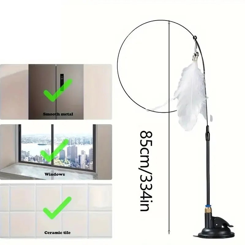 Interactive Cat Teaser Wand Toy | Suction Cup Feather Wand with Bell