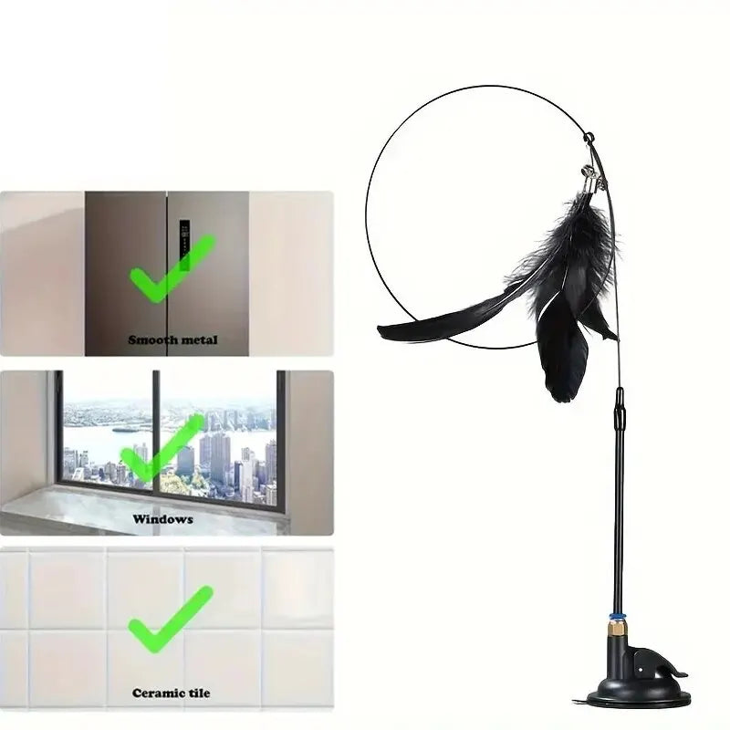 Interactive Cat Teaser Wand Toy | Suction Cup Feather Wand with Bell