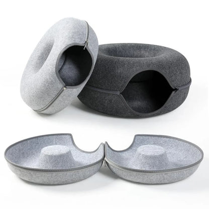 Interactive Donut Cat Bed & Tunnel – Felt Cat House Toy