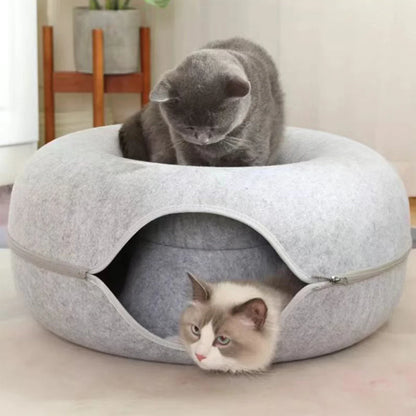 Interactive Donut Cat Bed & Tunnel – Felt Cat House Toy