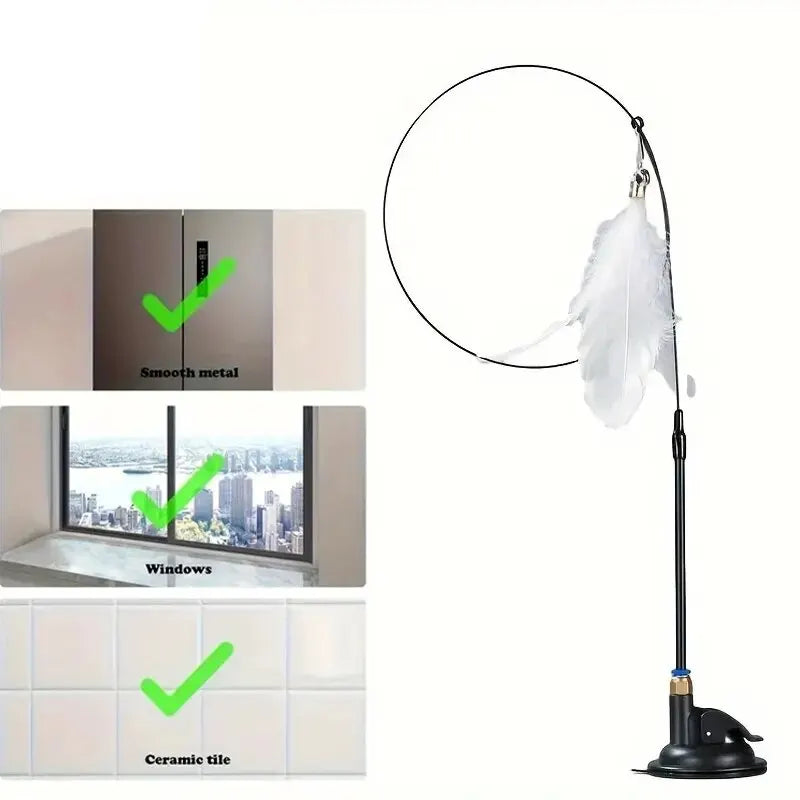 Interactive Cat Teaser Wand Toy | Suction Cup Feather Wand with Bell