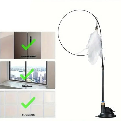 Interactive Cat Teaser Wand Toy | Suction Cup Feather Wand with Bell