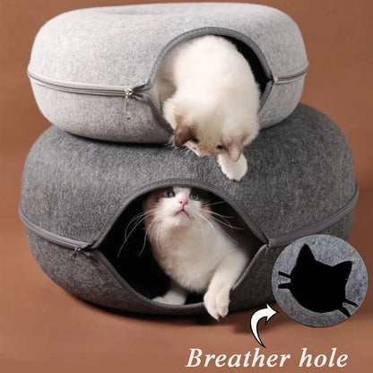 Interactive Donut Cat Bed & Tunnel – Felt Cat House Toy